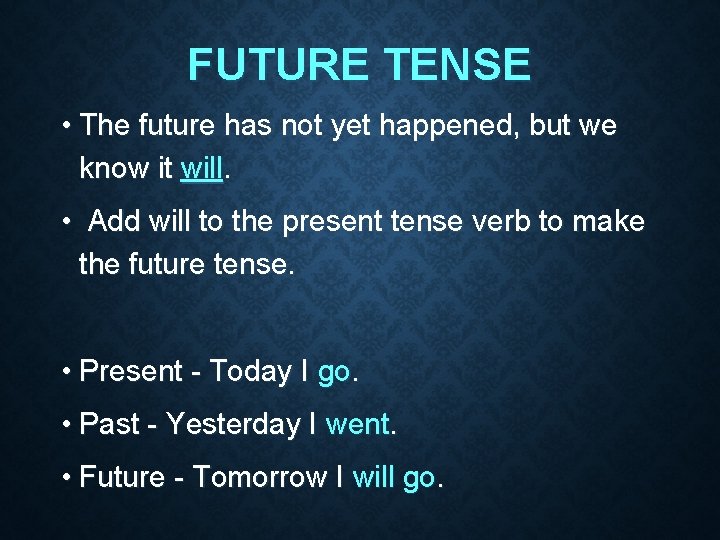 FUTURE TENSE • The future has not yet happened, but we know it will.