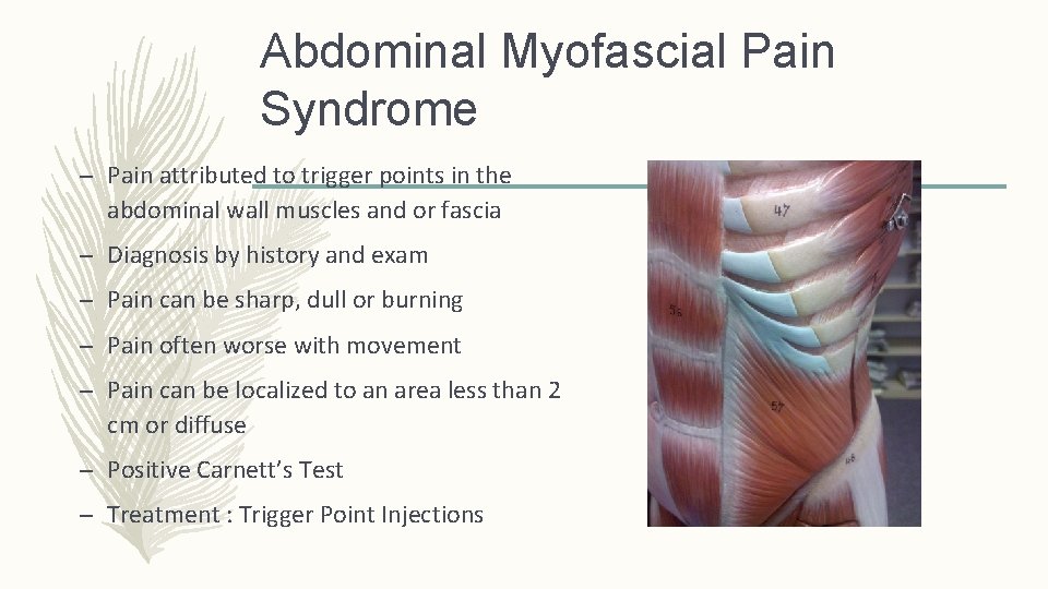 Abdominal Myofascial Pain Syndrome – Pain attributed to trigger points in the abdominal wall Abdominal Myofascial Pain Syndrome – Pain attributed to trigger points in the abdominal wall
