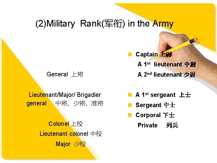 (2)Military Rank(军衔) in the Army n Captain 上尉 A 1 st lieutenant 中尉 General