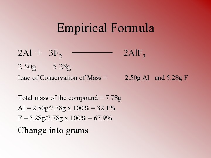 Empirical Formula 2 Al + 3 F 2 2. 50 g 2 Al. F