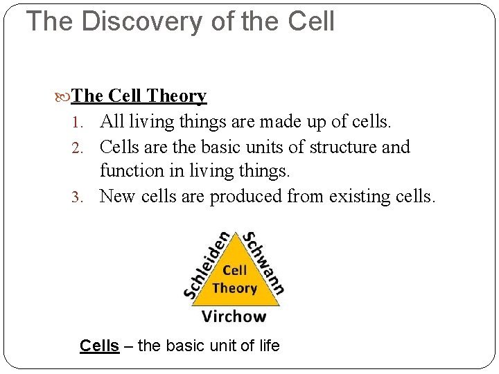 The Discovery of the Cell Theory 1. All living things are made up of