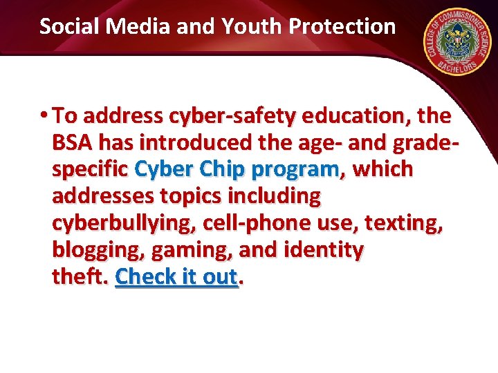 Social Media and Youth Protection • To address cyber-safety education, the BSA has introduced