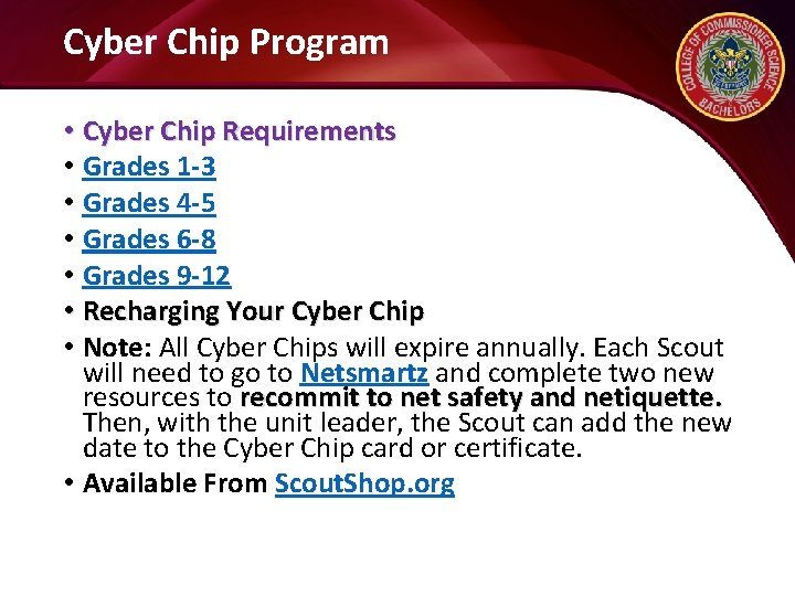 Cyber Chip Program • Cyber Chip Requirements • Grades 1 -3 • Grades 4