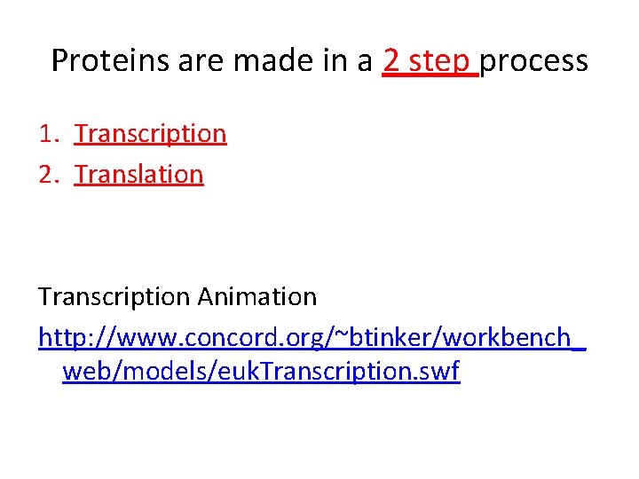 Proteins are made in a 2 step process 1. Transcription 2. Translation Transcription Animation