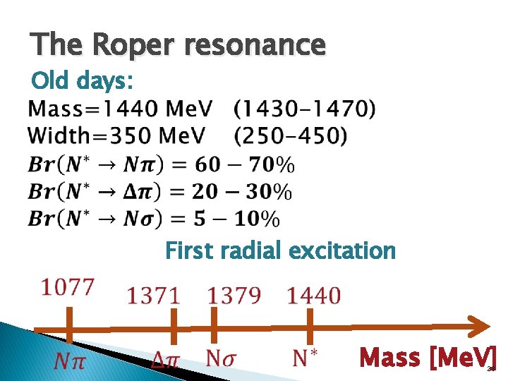 The Roper resonance Old days: First radial excitation Mass [Me. V] 23 