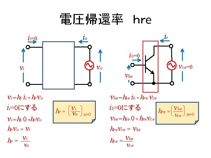 電圧帰還率 ｈｒe ic io ii=0 ib=0 vo vi vi＝hi ii + hrvo ii=0にする vi＝hi