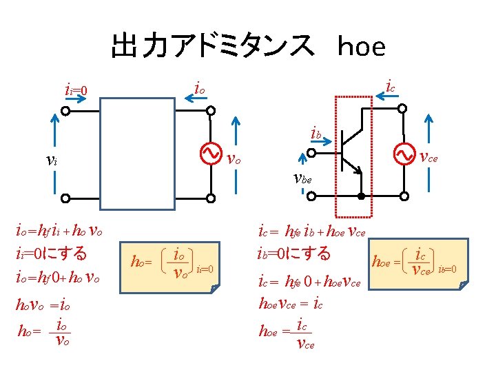 出力アドミタンス ｈoe ic io ii=0 ib vo vi io＝hf ii + ho vo ii=0にする