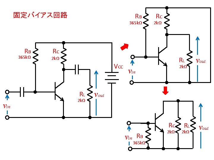 固定バイアス回路 RB 365 kΩ 2 kΩ RC RL 2 kΩ VCC RL vin RC