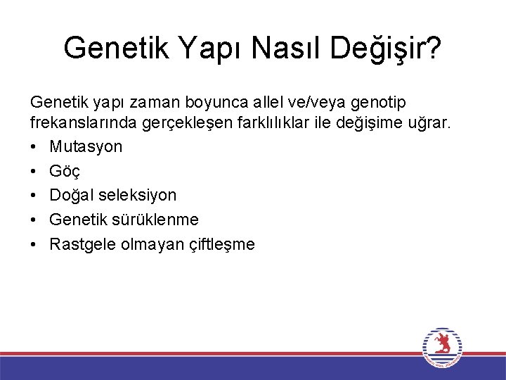 Genetik Yapı Nasıl Değişir? Genetik yapı zaman boyunca allel ve/veya genotip frekanslarında gerçekleşen farklılıklar