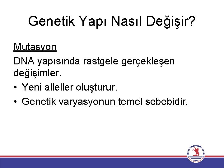 Genetik Yapı Nasıl Değişir? Mutasyon DNA yapısında rastgele gerçekleşen değişimler. • Yeni alleller oluşturur.