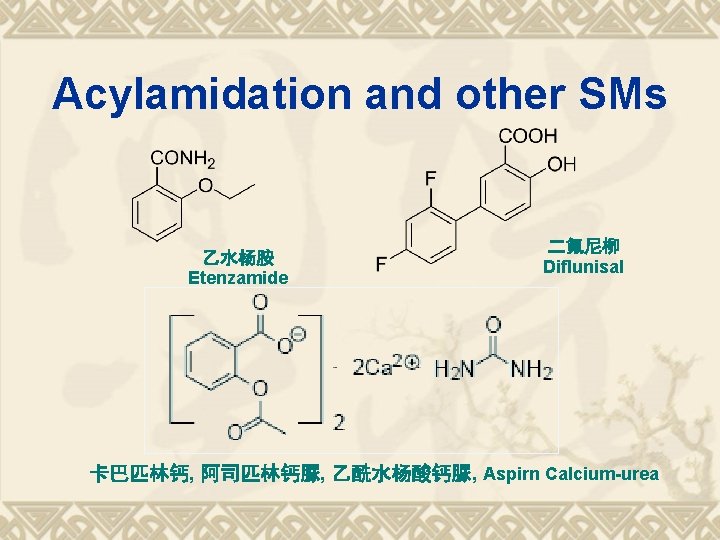 Acylamidation and other SMs 乙水杨胺 Etenzamide 二氟尼柳 Diflunisal 卡巴匹林钙, 阿司匹林钙脲, 乙酰水杨酸钙脲, Aspirn Calcium-urea 