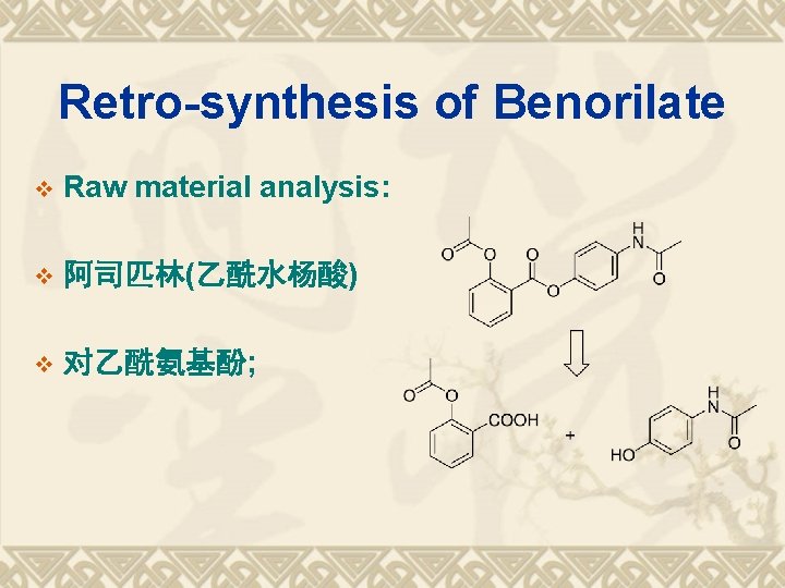 Retro-synthesis of Benorilate v Raw material analysis: v 阿司匹林(乙酰水杨酸) v 对乙酰氨基酚; 