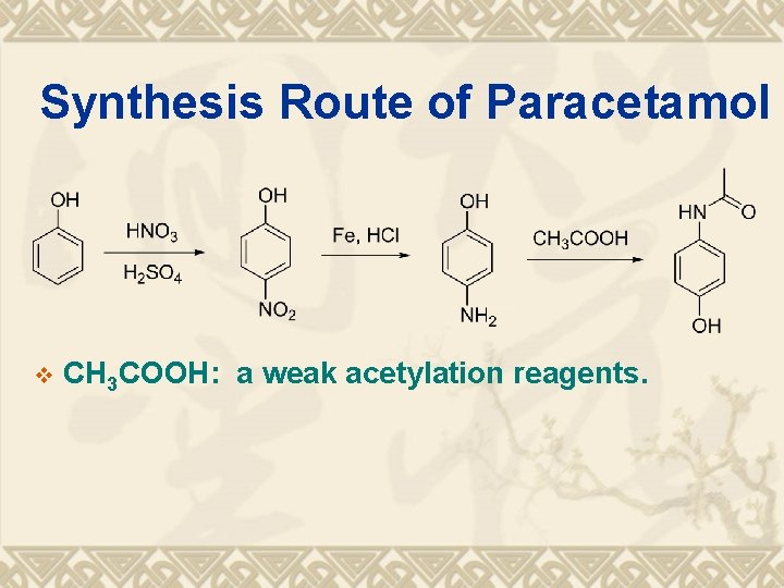 Synthesis Route of Paracetamol v CH 3 COOH: a weak acetylation reagents. 