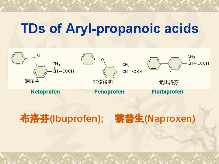 TDs of Aryl-propanoic acids Ketoprofen Fenoprofen 布洛芬(Ibuprofen); Flurbiprofen 萘普生(Naproxen) 