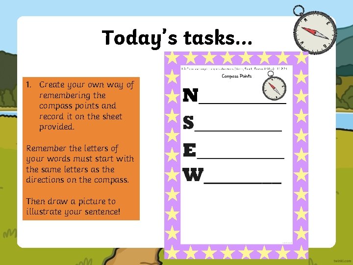 Today’s tasks… 1. Create your own way of remembering the compass points and record