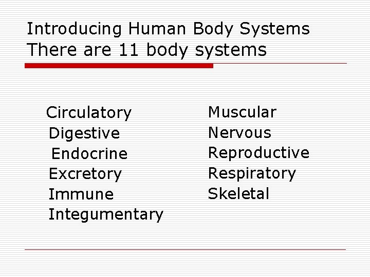 Introducing Human Body Systems There are 11 body systems Circulatory Digestive Endocrine Excretory Immune