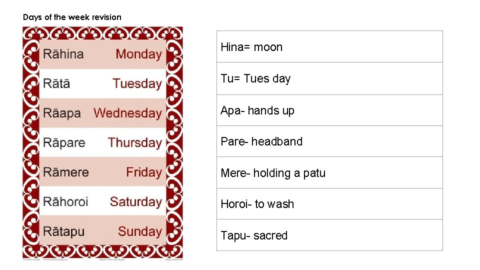 Days of the week revision Hina= moon Tu= Tues day Apa- hands up Pare-