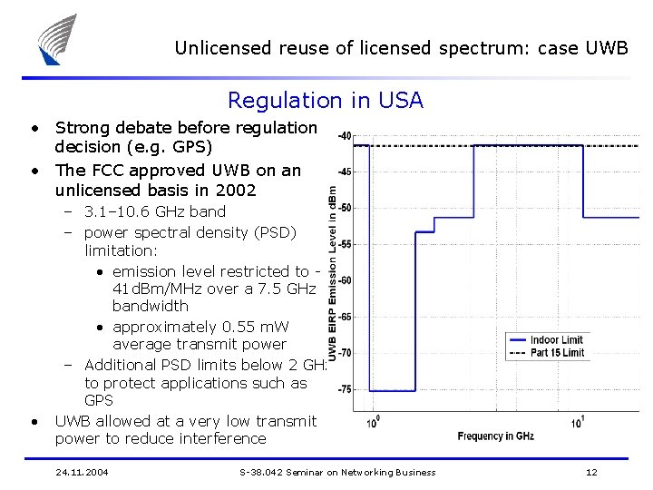 Unlicensed reuse of licensed spectrum: case UWB Regulation in USA • Strong debate before