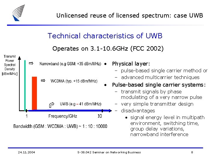 Unlicensed reuse of licensed spectrum: case UWB Technical characteristics of UWB Operates on 3.