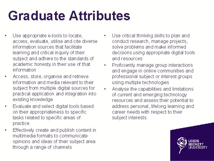 Graduate Attributes • • Use appropriate e-tools to locate, access, evaluate, utilise and cite