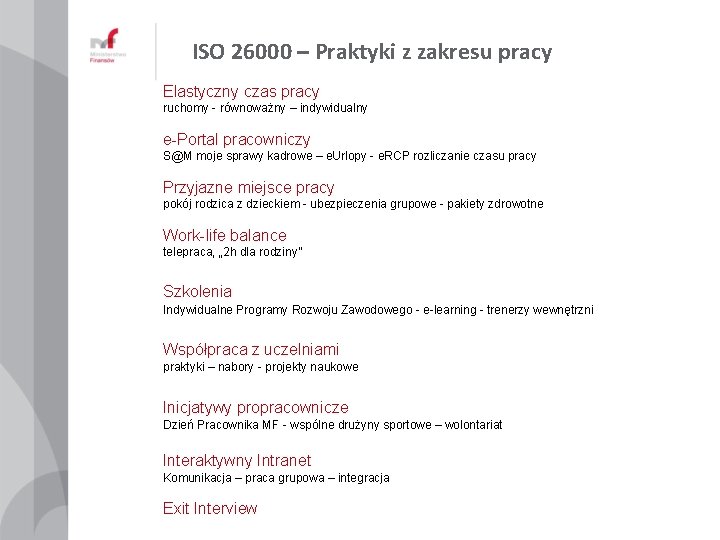 ISO 26000 – Praktyki z zakresu pracy Elastyczny czas pracy ruchomy - równoważny –