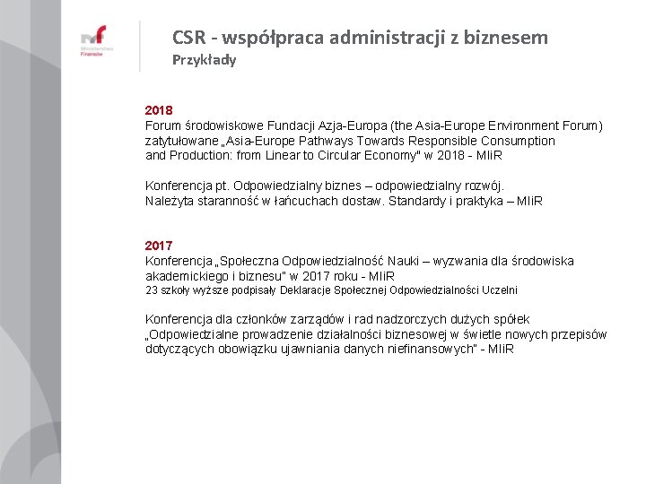 CSR - współpraca administracji z biznesem Przykłady 2018 Forum środowiskowe Fundacji Azja-Europa (the Asia-Europe