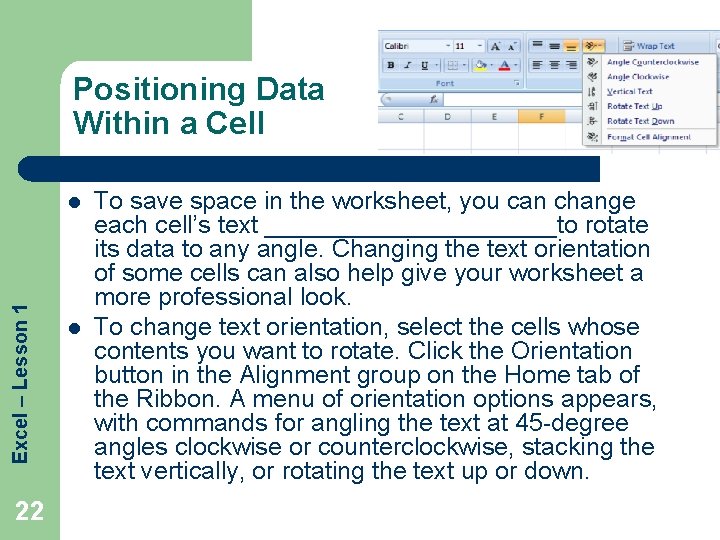 Positioning Data Within a Cell Excel – Lesson 1 l 22 l To save