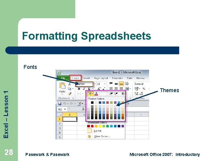 Formatting Spreadsheets Fonts Excel – Lesson 1 Themes 28 Pasewark & Pasewark Microsoft Office