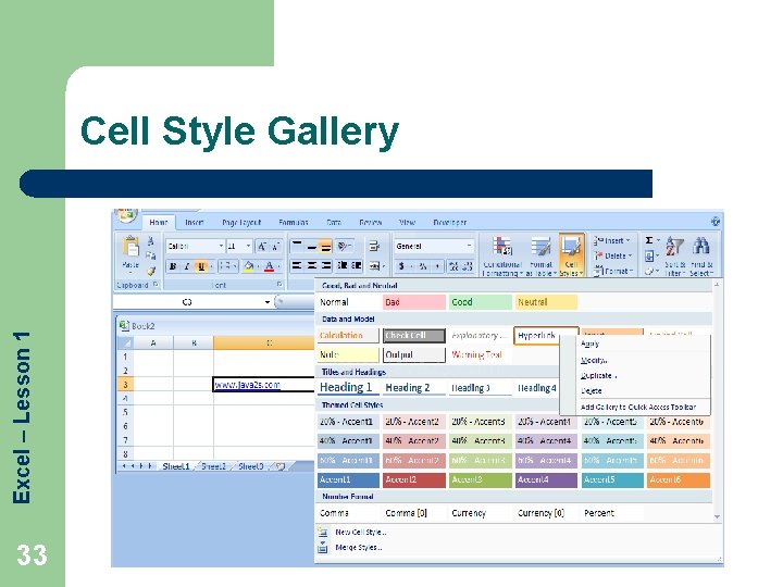 Excel – Lesson 1 Cell Style Gallery 33 
