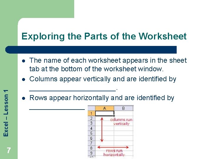 Exploring the Parts of the Worksheet l Excel – Lesson 1 l 7 l