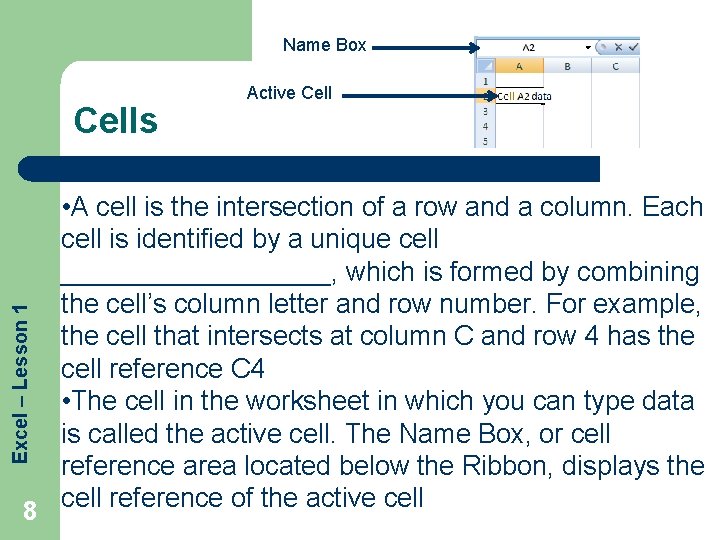 Name Box Cells Active Cell Excel – Lesson 1 • A cell is the