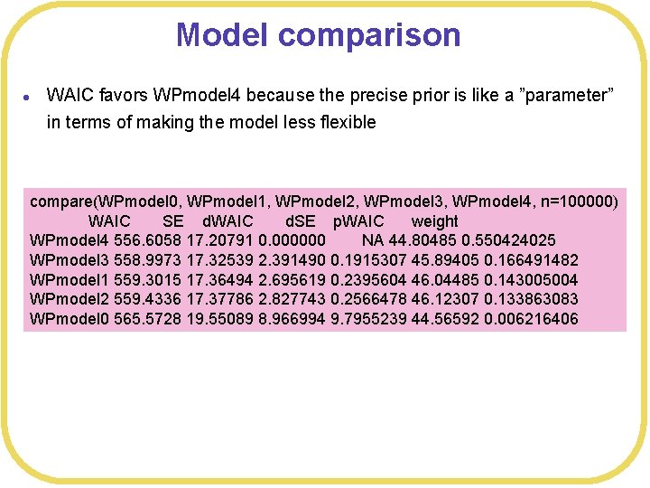 Model comparison l WAIC favors WPmodel 4 because the precise prior is like a