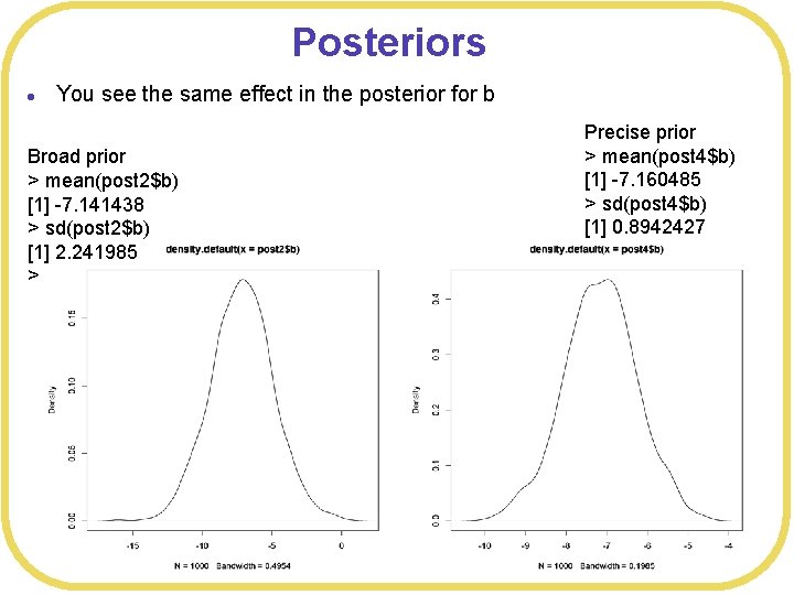 Posteriors l You see the same effect in the posterior for b Broad prior