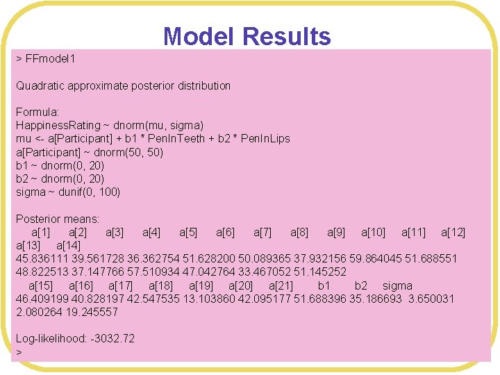 Model Results > FFmodel 1 Quadratic approximate posterior distribution Formula: Happiness. Rating ~ dnorm(mu,