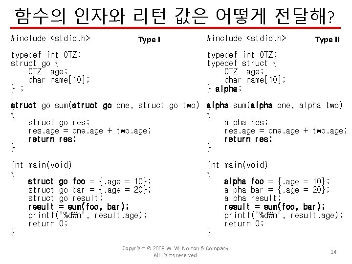 함수의 인자와 리턴 값은 어떻게 전달해? #include <stdio. h> Type I typedef int OTZ;