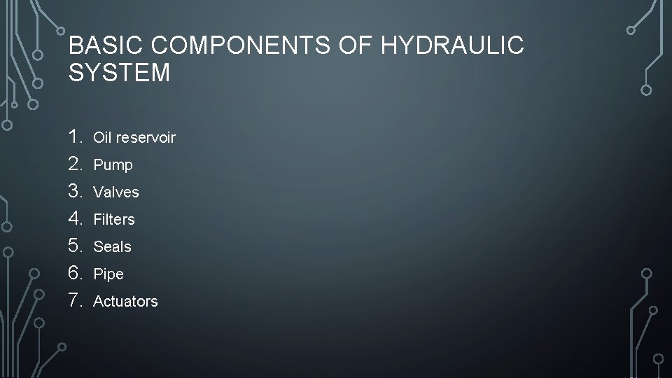 BASIC COMPONENTS OF HYDRAULIC SYSTEM 1. 2. 3. 4. 5. 6. 7. Oil reservoir