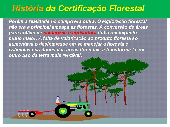 História da Certificação Florestal Porém a realidade no campo era outra. O exploração florestal