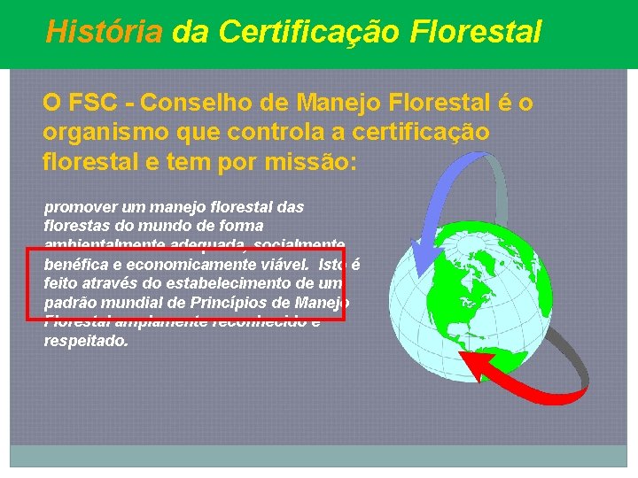 História da Certificação Florestal O FSC - Conselho de Manejo Florestal é o organismo