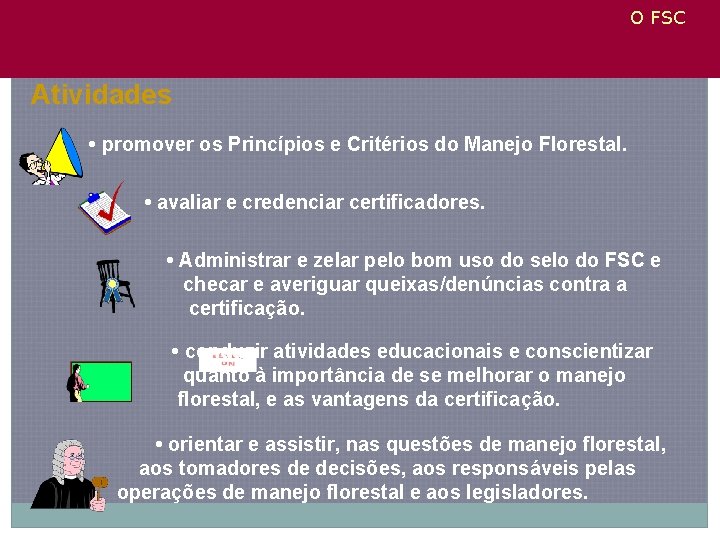 O FSC Atividades • promover os Princípios e Critérios do Manejo Florestal. • avaliar