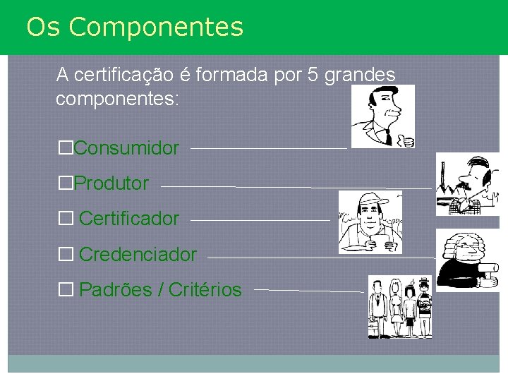 Os Componentes A certificação é formada por 5 grandes componentes: �Consumidor �Produtor � Certificador