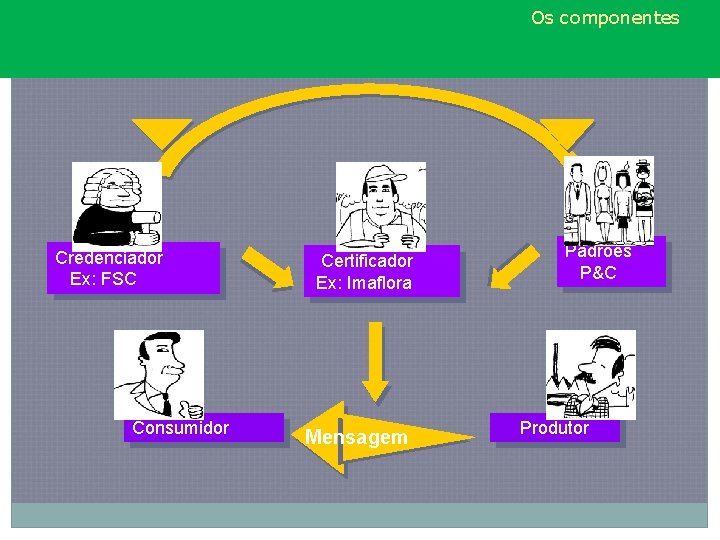 Os componentes Credenciador Ex: FSC Consumidor Certificador Ex: Imaflora Mensagem Padrões P&C Produtor 