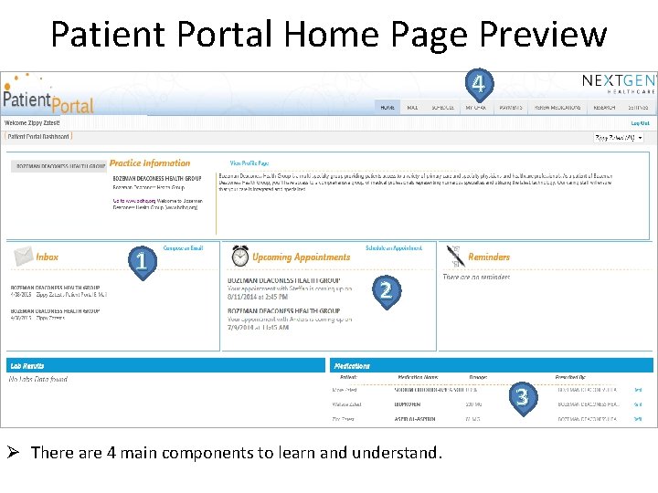 Patient Portal Home Page Preview 4 1 2 3 Ø There are 4 main