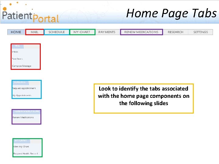 Home Page Tabs Look to identify the tabs associated with the home page components