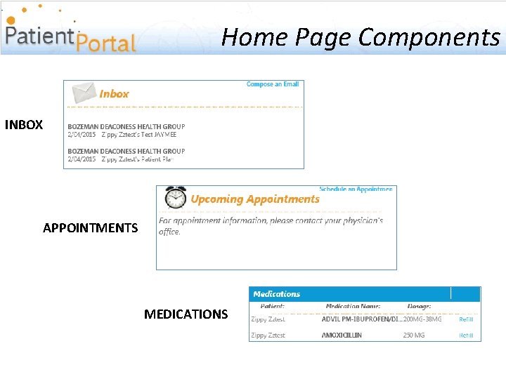 Home Page Components INBOX APPOINTMENTS MEDICATIONS 