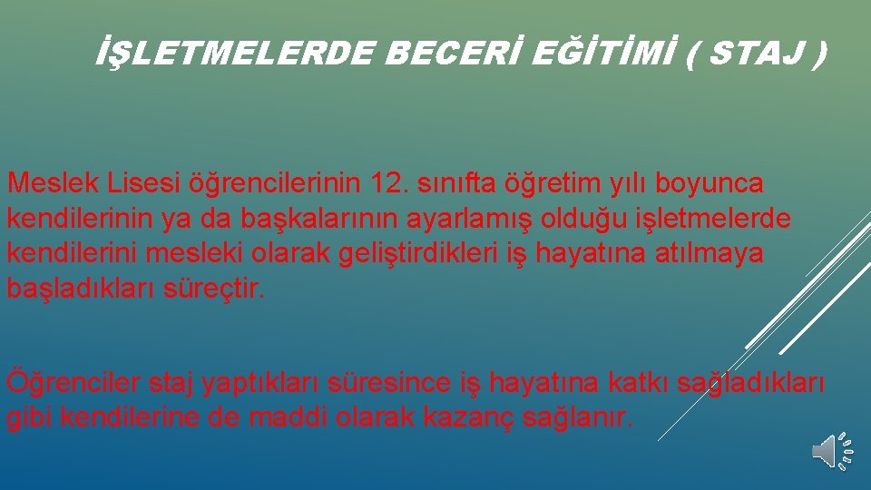 İŞLETMELERDE BECERİ EĞİTİMİ ( STAJ ) Meslek Lisesi öğrencilerinin 12. sınıfta öğretim yılı boyunca