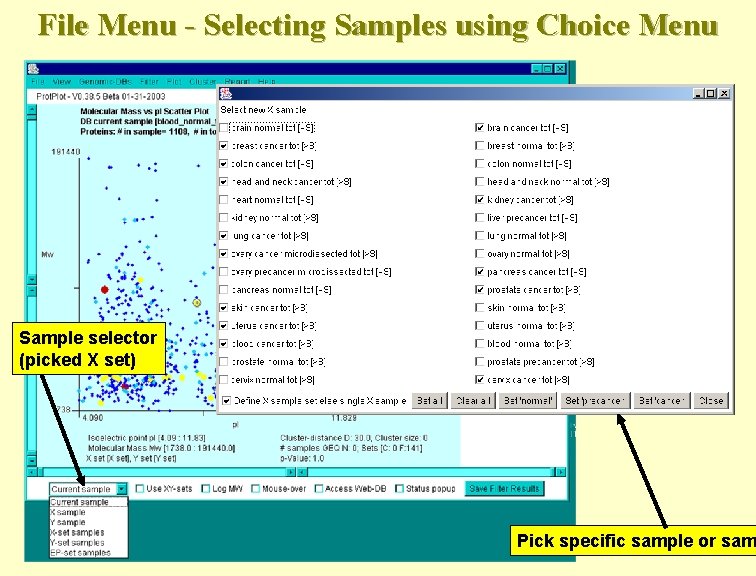 File Menu - Selecting Samples using Choice Menu Sample selector (picked X set) Pick