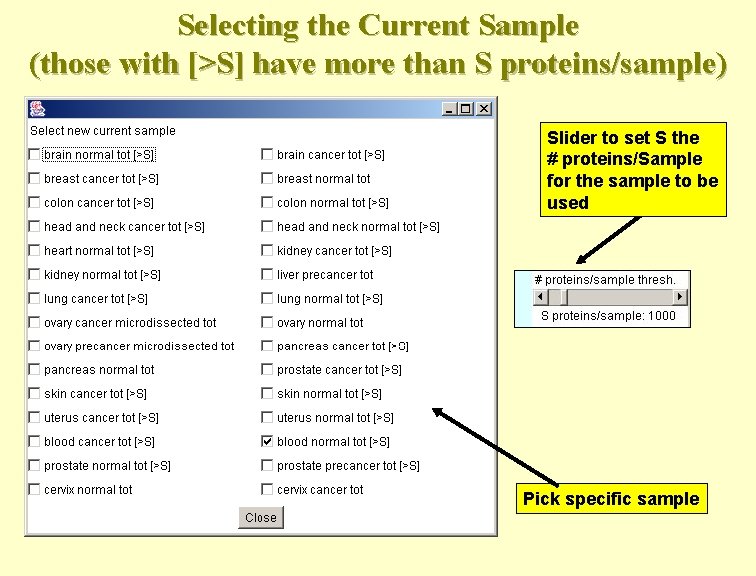 Selecting the Current Sample (those with [>S] have more than S proteins/sample) Slider to