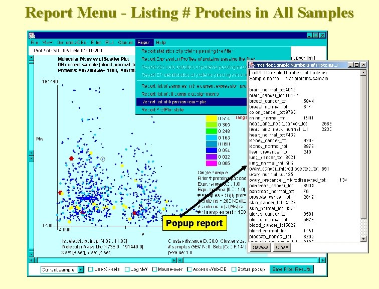 Report Menu - Listing # Proteins in All Samples Popup report 