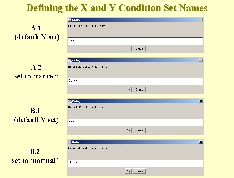 Defining the X and Y Condition Set Names A. 1 (default X set) A.
