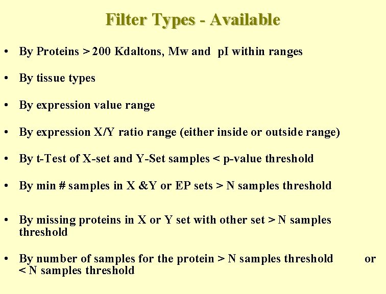 Filter Types - Available • By Proteins > 200 Kdaltons, Mw and p. I